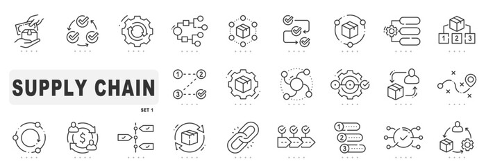 Set of supply chain related line icons. Logistics, process, management etc. Editable stroke