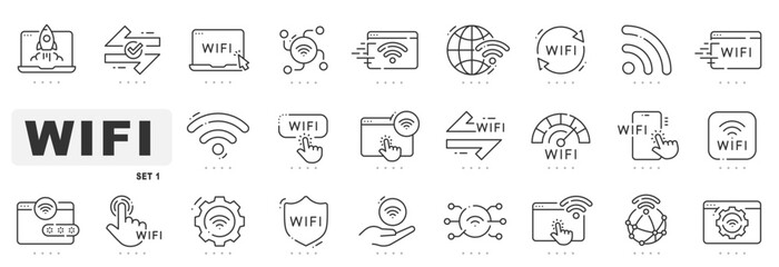 Set of wifi related line icons. Signal , connect, wireless etc. Editable stroke