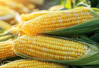 Freshly harvested corn cobs with vibrant golden kernels, showcasing nature's bounty in a lush agricultural setting during sunny weather conditions