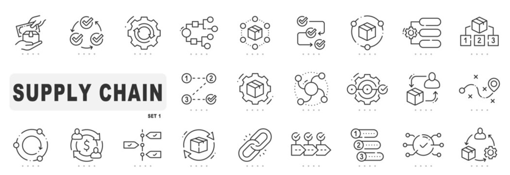 Set of supply chain related line icons. Logistics, process, management etc. Editable stroke