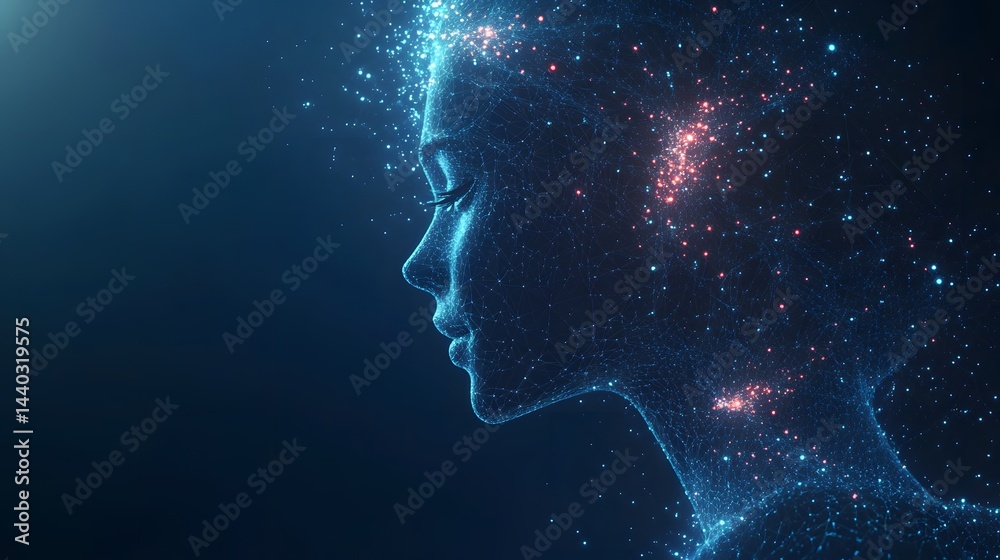 Poster abstract digital portrait of a human face in profile, rendered with glowing blue lines and dots. red