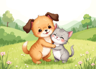 Cartoon Dog and Cat Hugging in a Meadow