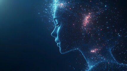 Abstract digital portrait of a human face in profile, rendered with glowing blue lines and dots. Red clusters near the head symbolize intense energy. Abstract wireframe in dark blue