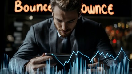 A businessman sketching two contrasting bar charts on his phone, one with a downward trend and the other upward, symbolizing cost versus quality in business decisions, with "Bounce" written above