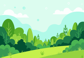 Obraz premium Cartoon Green Landscape with Trees and Clouds