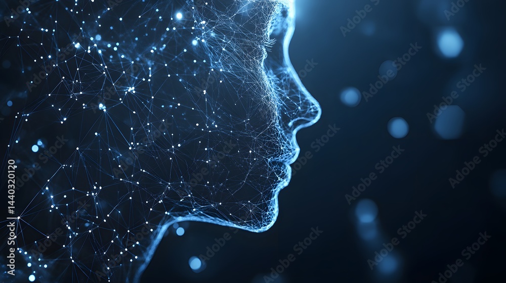 Aufkleber Futuristic digital head illustration, depicting artificial intelligence and the human mind. Interconnected lines create a modern, abstract representation. Abstract wireframe in dark blue