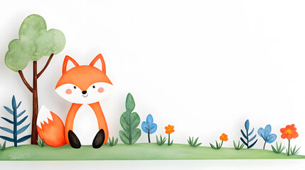 A watercolor cartoon frame with cute fox sitting on grass with copy space for text	