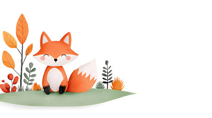 A watercolor cartoon frame with cute fox sitting on grass with copy space for text	