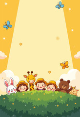 Cartoon Kids and Animals in Yellow Landscape with Butterflies