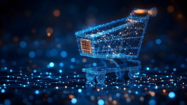 Digital shopping cart in a wireframe style, rendered with blue lines and orange highlights, hovering over a connected network. Abstract wireframe in dark blue