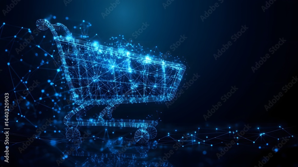 Aufkleber Futuristic shopping cart rendered with interconnected blue lines against a dark blue gradient background. Digital aesthetic highlighting modern e-commerce concepts. Abstract wireframe in dark blue.