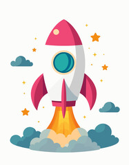 Cartoon pink rocket ship launching with stars and clouds
