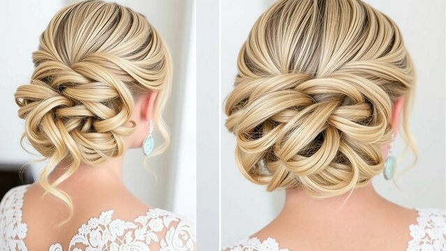 Elegante blonde Hochsteckfrisur mit kunstvoll geflochtenen Str&auml;hnen, perfekter Look f&uuml;r Hochzeit oder festliche Anl&auml;sse, detailreich und feminin.