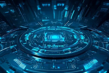 Abstract close-up of a glowing blue digital circuit board, showcasing intricate connections and technological design on a black background.
