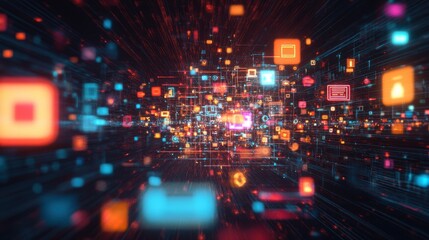 Obraz premium Abstract technology background with glowing icons and lines. Concept of data flow, digital transformation, and network communication.