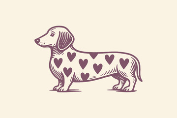 Cute dachshund with heart patterns, vintage engraving style

