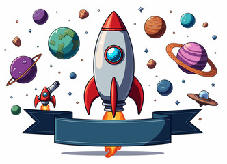 Cartoon Rocket Ship Flying Through Space with Banner