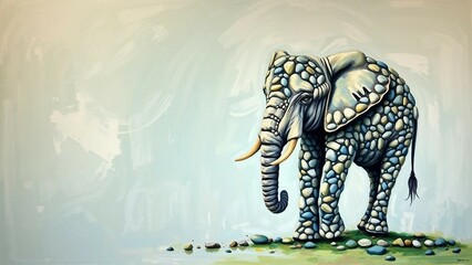 K&uuml;nstlerische Darstellung eines Elefanten, dessen K&ouml;rper aus vielen verschiedenfarbigen Steinen gebildet ist, kreative und beeindruckende Malerei.