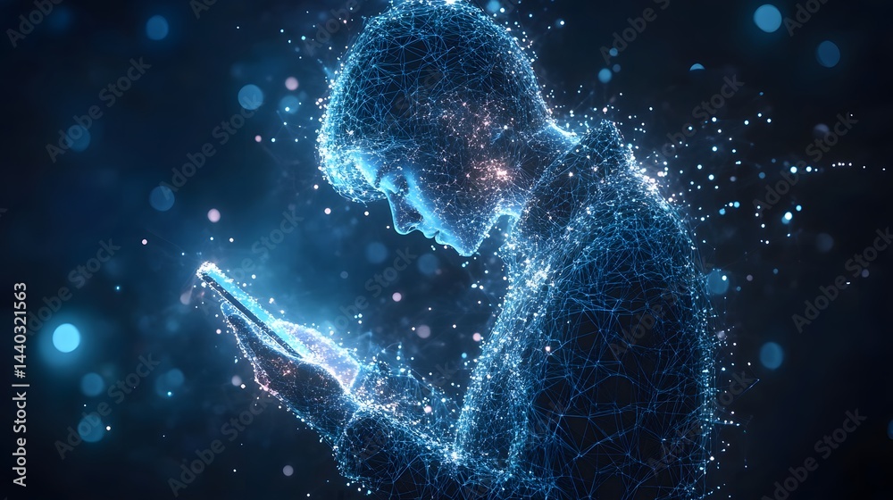 Aufkleber Futuristic digital human figure engrossed in a smartphone. Networked lines depict tech integration and modern life. Blue light accentuates the digital atmosphere. Abstract wireframe in dark blue