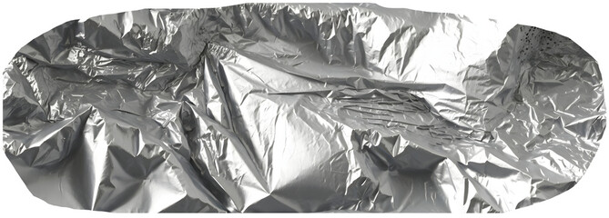 Wrinkled silver aluminum foil paper with a shiny, reflective surface, resembling crumpled.