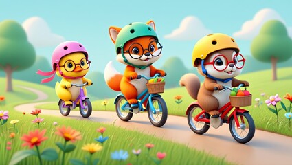 Obraz premium Cartoon Tiny Animals Riding Bicycles, Chipmunk, Fox Cub, Duckling, Colorful Park Trail, Bright Helmets, Cheerful Scene, AI Generated