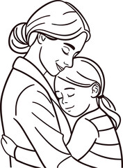 One-line vector drawing of mother hugging daughter, front view, minimal vector line art, centered composition, clean stroke, no face, soft neutral background, emotional modern style, black line design