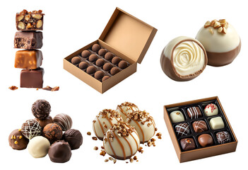 Set of Chocolate praline, fondant piece, bonbon bon, truffle curated ganache block cocoa sweet candy dessert on transparent cutout PNG. Many different style. Mockup template for artwork design