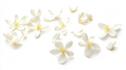 Beautiful Jasmine Flower Petals Flying Isolated on White Background