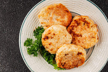 Meat cutlets pork, beef, chicken, lamb fried meat dish fresh delicious gourmet food background on the table rustic food top view copy space