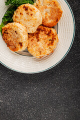 Meat cutlets pork, beef, chicken, lamb fried meat dish fresh delicious gourmet food background on the table rustic food top view copy space