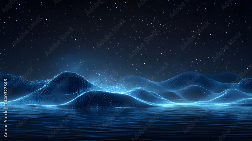Aufkleber digital landscape at night featuring undulating blue waves, a stylized illuminated figure, and a sta