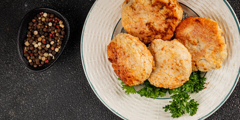 Meat cutlets pork, beef, chicken, lamb fried meat dish fresh delicious gourmet food background on the table rustic food top view copy space