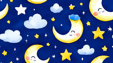 Crescent Moon and Stars Night Sky Cartoon Watercolor Seamless Pattern	