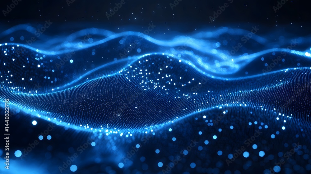 Poster A mesmerizing landscape of glowing blue particles creating undulating waves. Sparkling lights add depth against the dark backdrop, forming a dynamic, ethereal scene. Abstract wireframe in dark blue