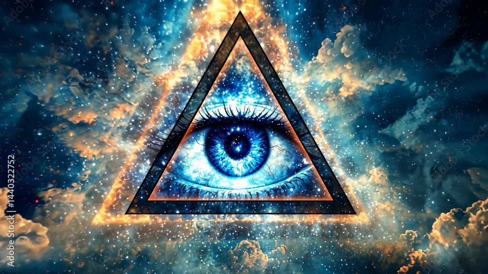 Wall mural cosmic eye within triangle surrounded by mystical space clouds