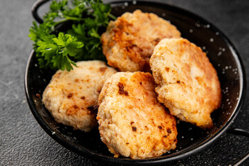 Meat cutlets pork, beef, chicken, lamb fried meat dish fresh delicious gourmet food background on the table rustic food top view copy space