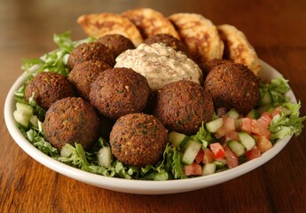Freshly Made Falafel Platter with Creamy Sauce, Green Salad, Tomatoes, and Warm Flatbreads Served in a White Bowl on Wooden Table