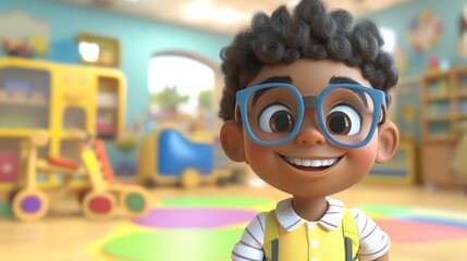 Student, A cartoon boy with glasses is smiling and standing in a room with toys