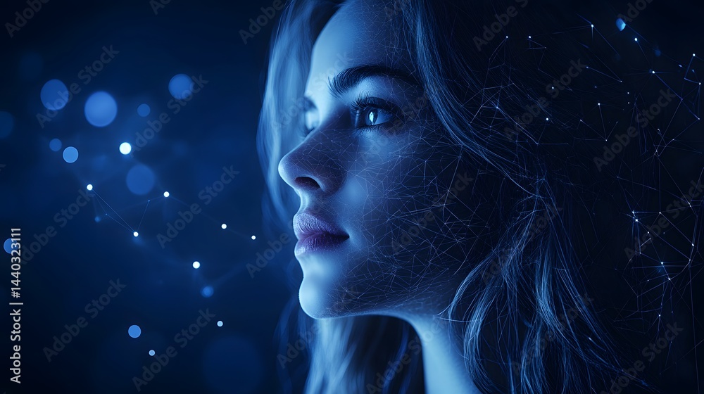 Aufkleber a woman's ethereal portrait in deep blue light. geometric lines create a digital network effect on h