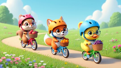 Cartoon Tiny Animals Riding Bicycles, Chipmunk, Fox Cub, Duckling, Colorful Park Trail, Bright Helmets, Cheerful Scene, AI Generated