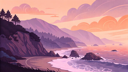 Tranquil Coastal Landscape with Sunset Sky and Rocky Shoreline