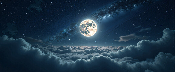 Majestic Full Moon Night Sky Above Cloudscape Starry Night Celestial Scene