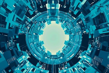 Obraz premium Abstract close-up of a glowing blue digital circuit board, showcasing intricate connections and technological design on a black background. 