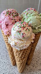 Colorful ice cream cones piled high on light gray background