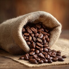 A burlap sack overflows with rich, aromatic coffee beans, ready for brewing. Perfect for coffee lovers and baristas.