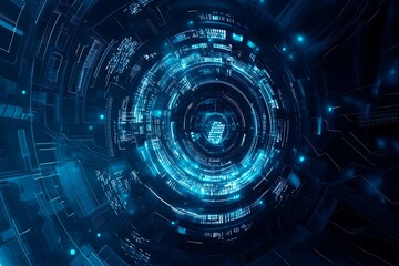 Fototapeta premium Abstract close-up of a glowing blue digital circuit board, showcasing intricate connections and technological design on a black background. 