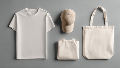 A set of blank apparel items: t-shirt, cap, tote bag, and pouch, arranged on a neutral background.
