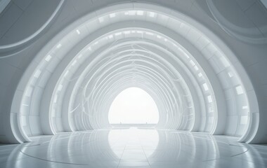 Fototapeta premium A bright white tunnel with soft, diffused light streaming through, creating an ethereal atmosphere and illuminating the smooth, curved walls.