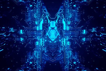 Abstract close-up of a glowing blue digital circuit board, showcasing intricate connections and technological design on a black background.

