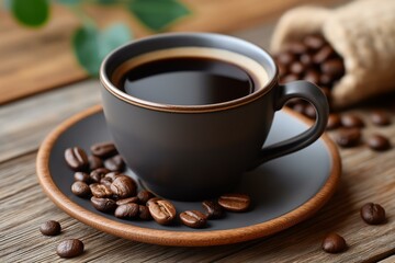 Fototapeta premium A cozy cup of black coffee surrounded by aromatic coffee beans on a wooden table, perfect for coffee lovers.